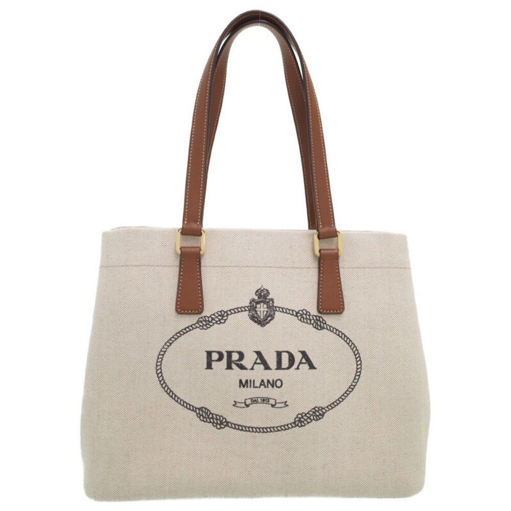 Prada canvas tote bag brown leather handles Beige White